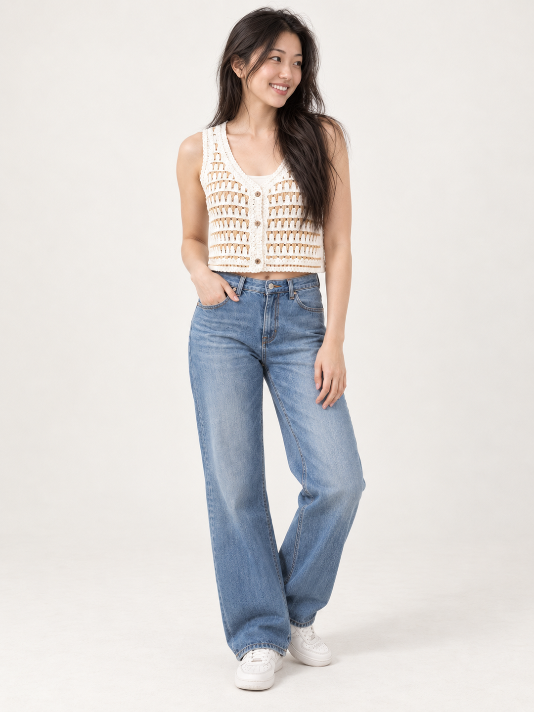 Model wearing Knit Button Up Vest Tan, full-body front view