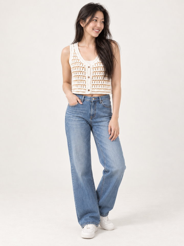 Model wearing Knit Button Up Vest Tan, full-body front view