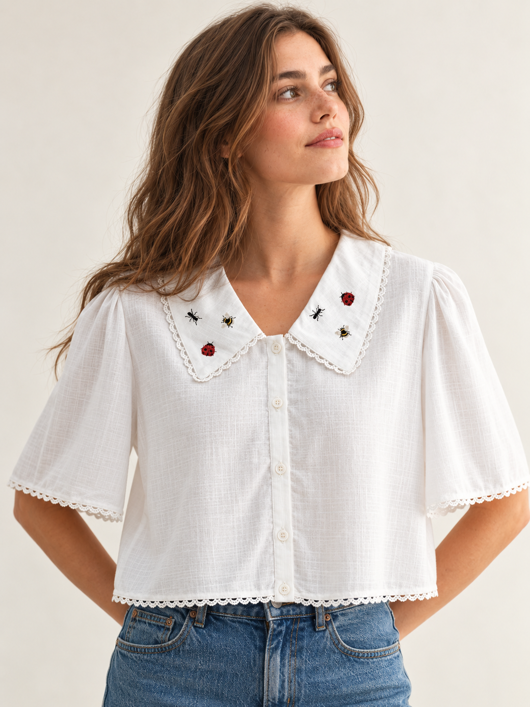 Ladybug Ant Bee Embroidered Collar Blouse front view on model