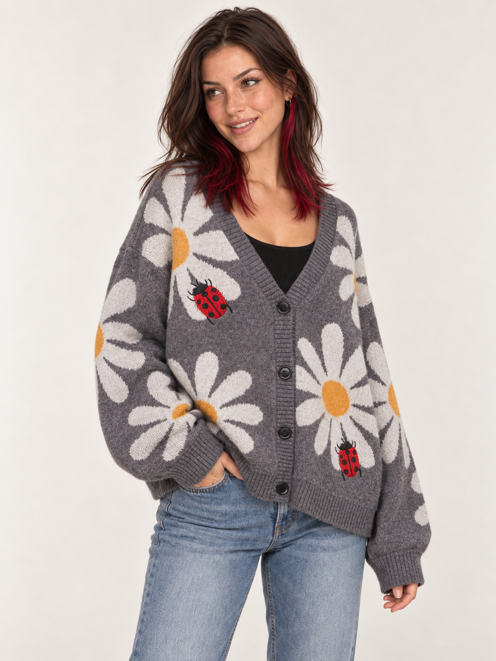 Ladybug Flower Cardigan Gray oversized three-quarter view on model