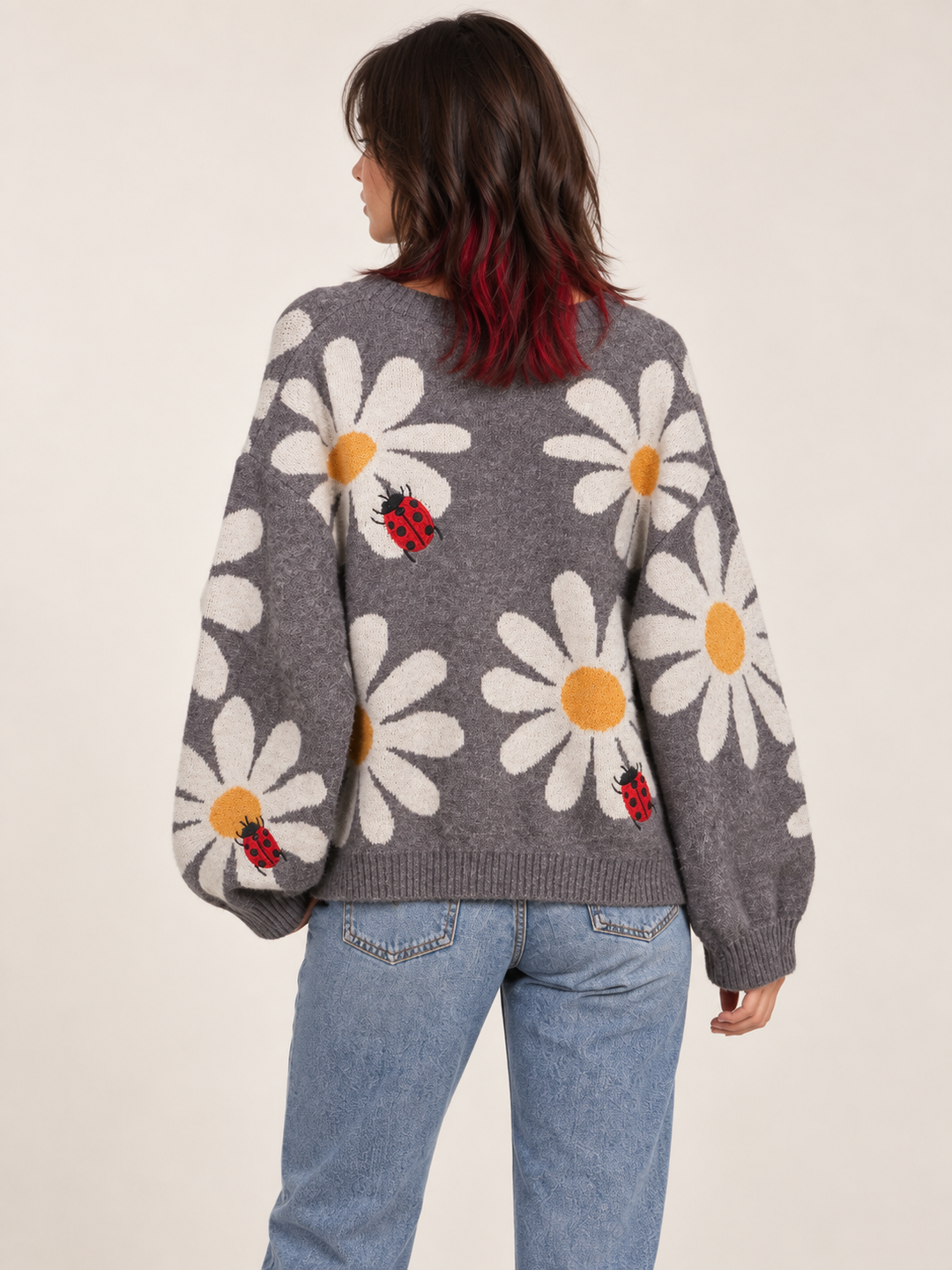 Ladybug Flower Cardigan Gray oversized back view on model
