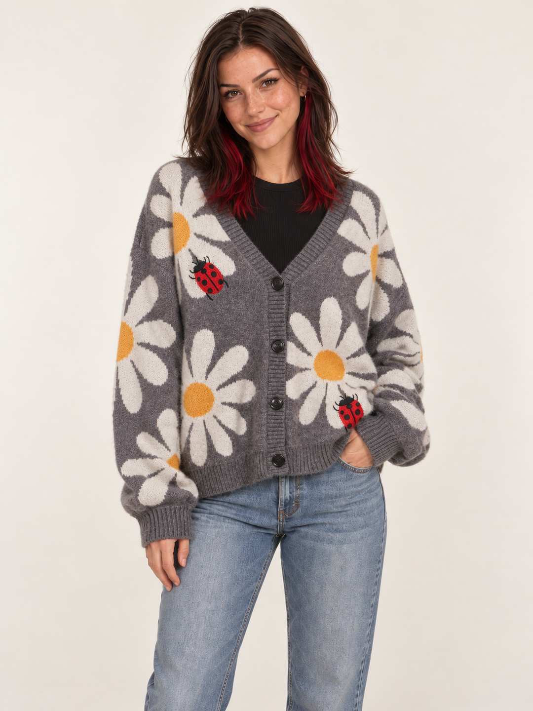 Ladybug Flower Cardigan Gray oversized front view on model