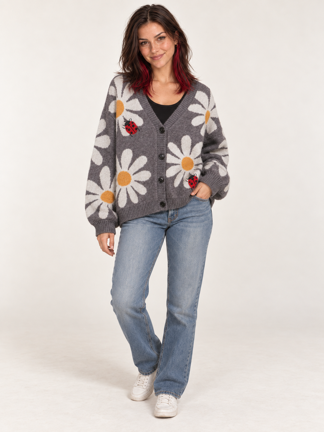 Ladybug Flower Cardigan Gray oversized full-body view on model