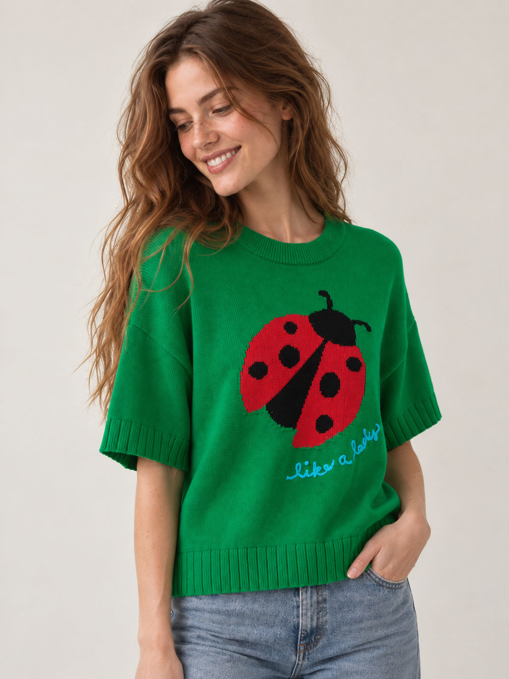 Ladybug Knit Short Sleeve Top three-quarter view on model