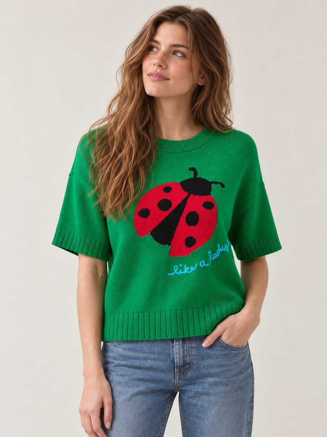 Ladybug Knit Short Sleeve Top front view on model