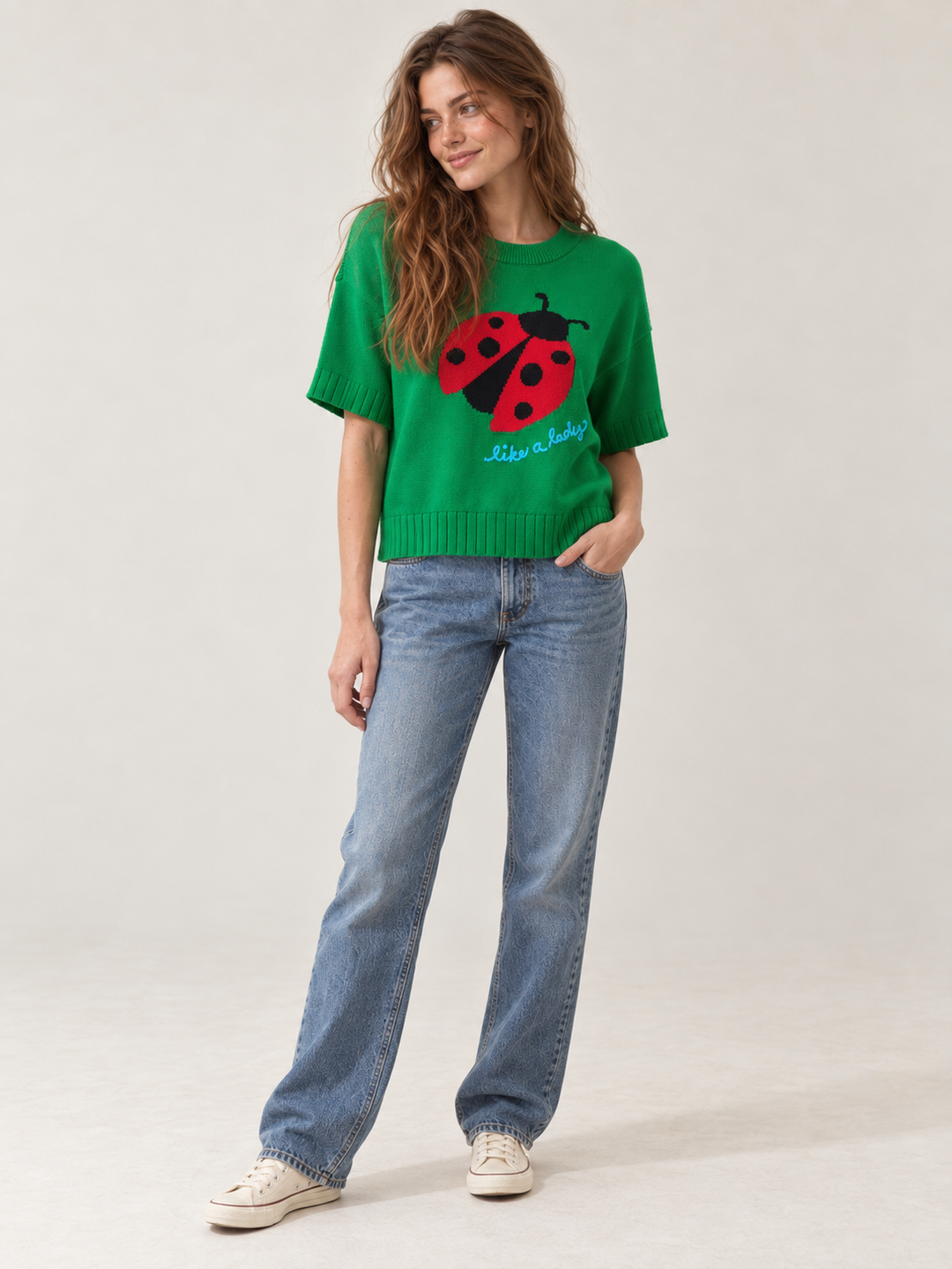 Ladybug Knit Short Sleeve Top full-body view on model