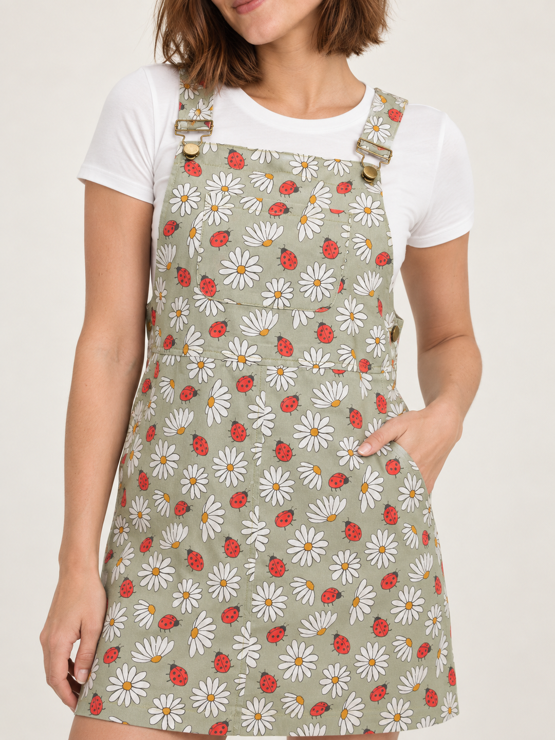 Ladybug Overall Dress — fabric and print close-up