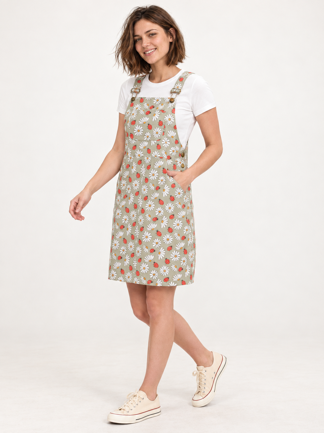 Ladybug Overall Dress — 45-degree full-body view