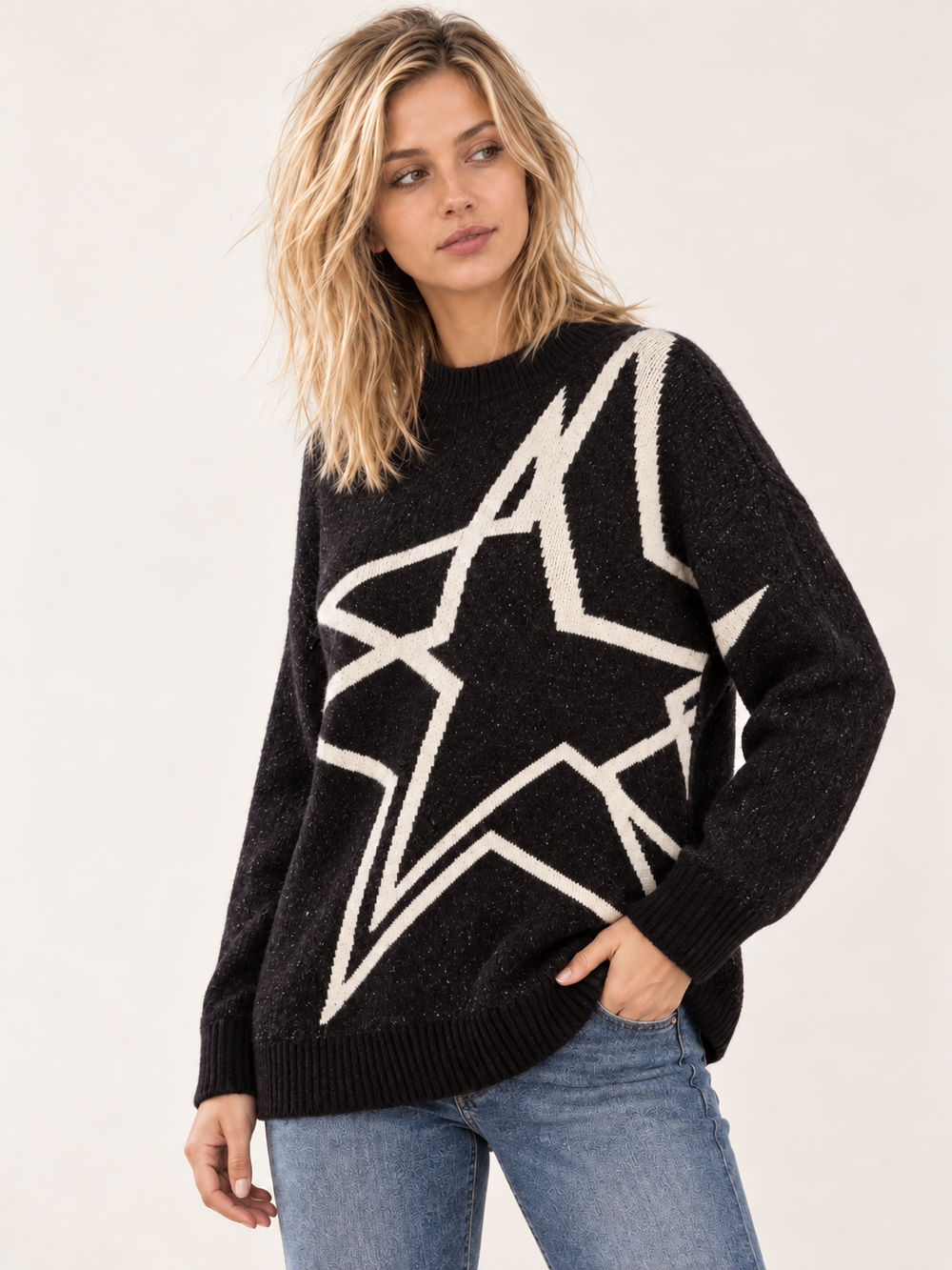 Large Stars Black Sweater angled view