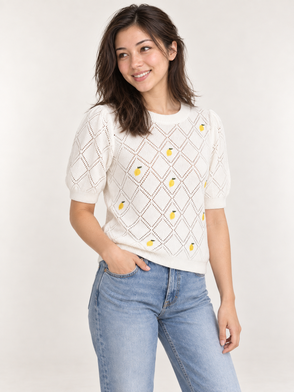 Model wearing Lemon Embroidered Short Sleeve Sweater, 45-degree view