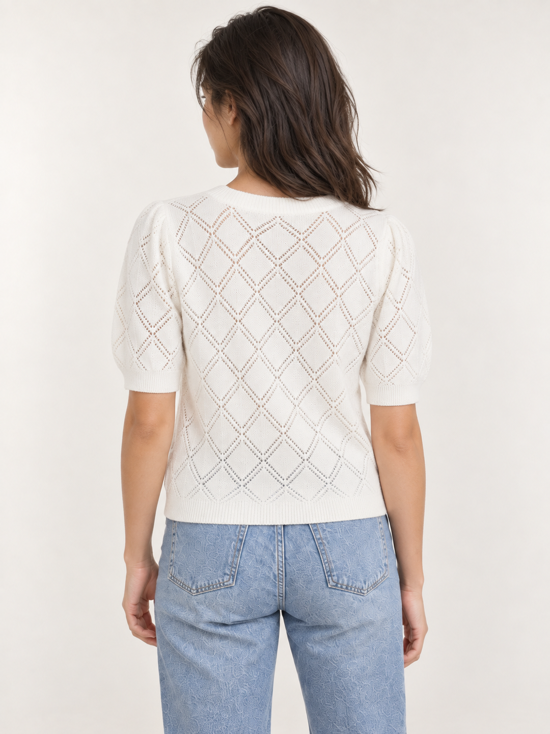 Model wearing Lemon Embroidered Short Sleeve Sweater, back view