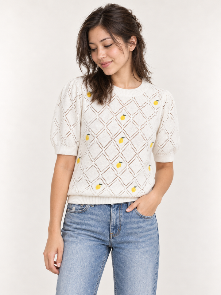 Model wearing Lemon Embroidered Short Sleeve Sweater, front view