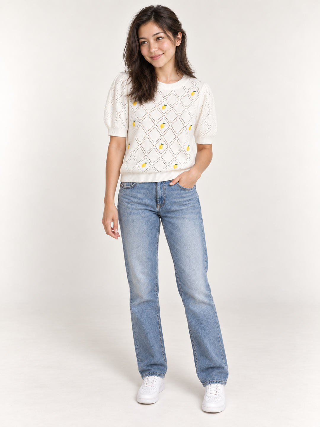 Model wearing Lemon Embroidered Short Sleeve Sweater, full-body front view