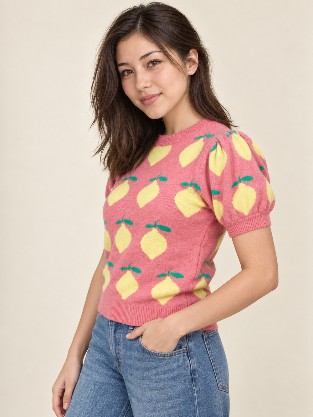 Model wearing Lemon Knit Puff Sleeve Top, angled view