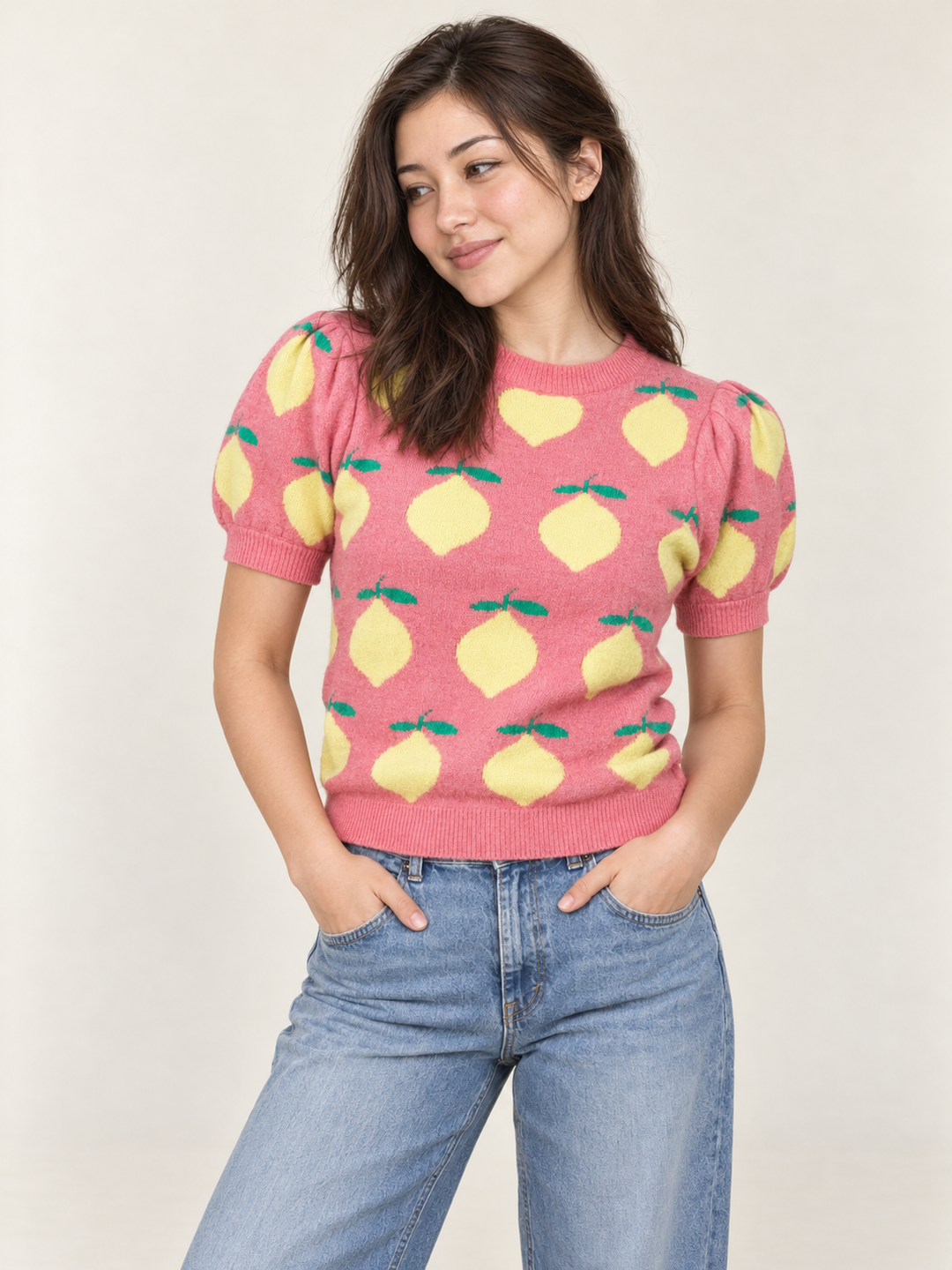 Model wearing Lemon Knit Puff Sleeve Top, front view