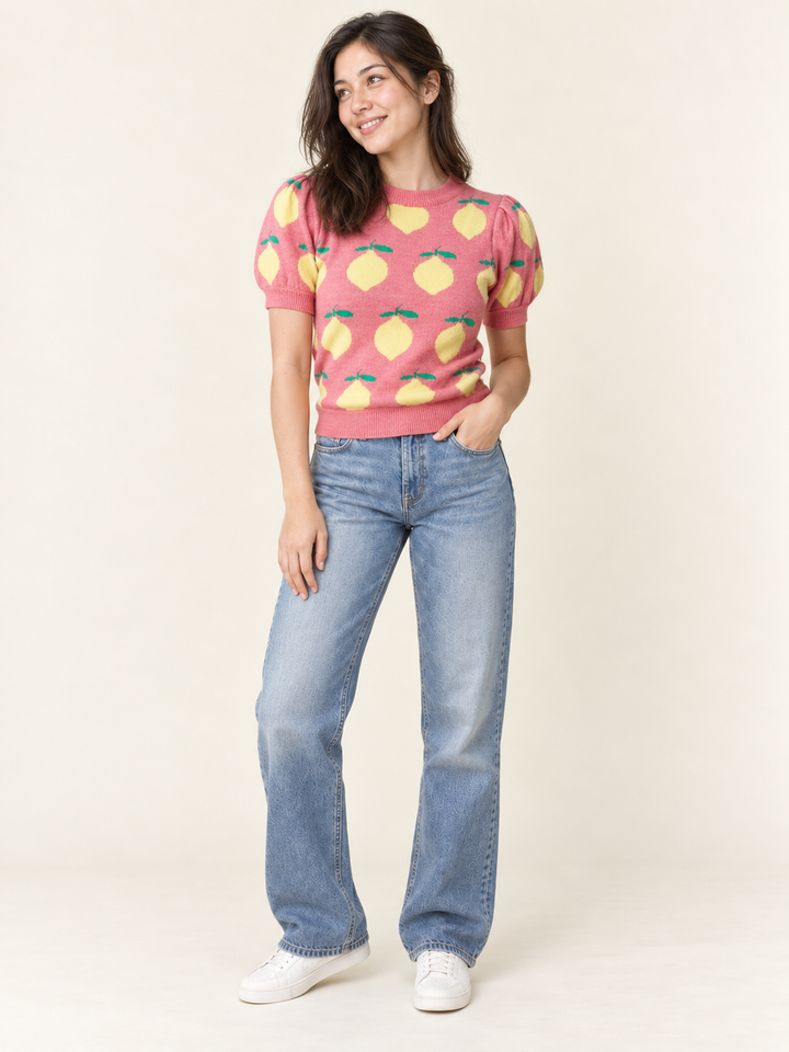 Model wearing Lemon Knit Puff Sleeve Top, full-body view
