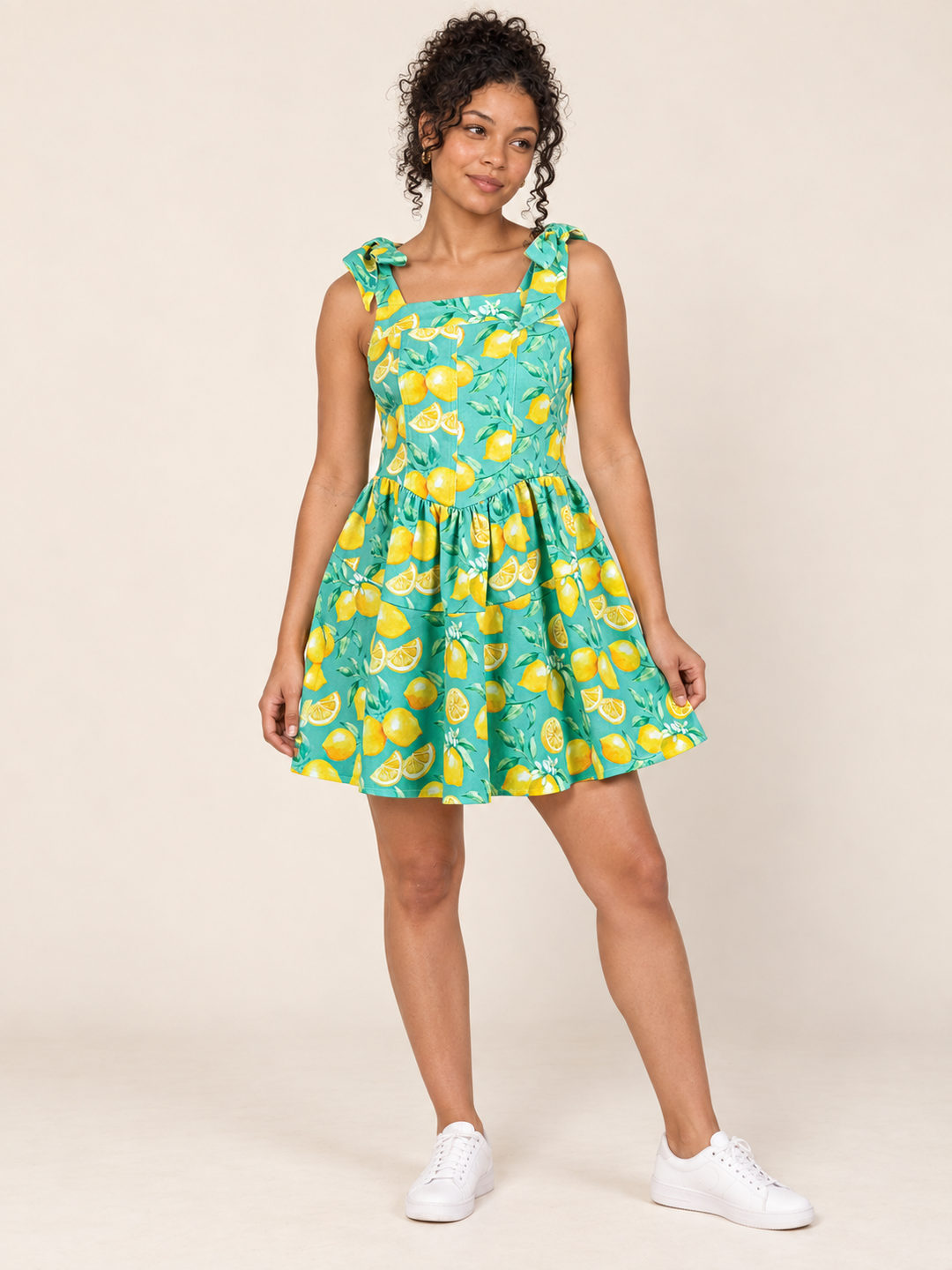 Lemon Stretch Denim Mini Sundress front view