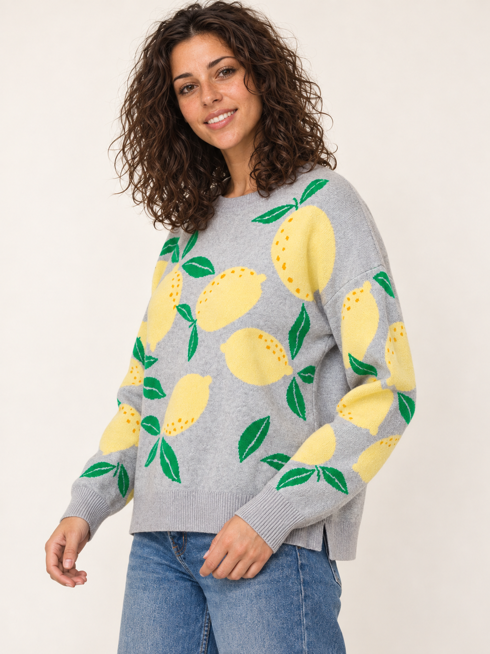 Gray lemon-print sweater three-quarter view