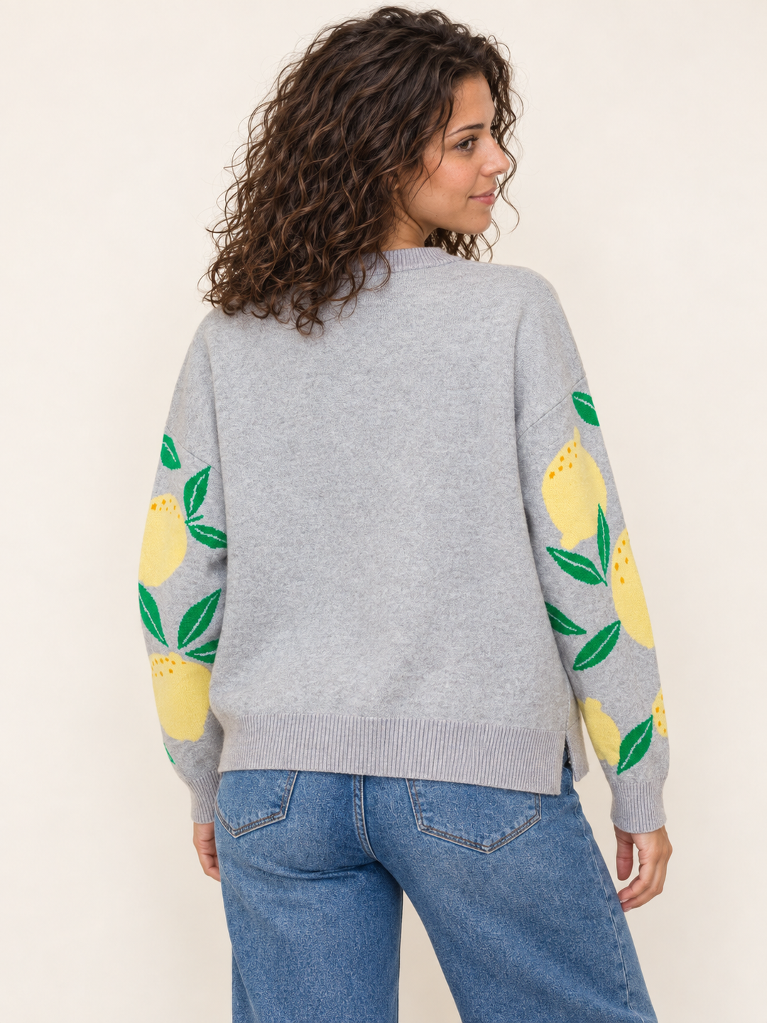 Gray lemon-print sweater back view