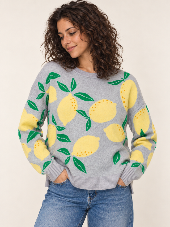 Gray lemon-print sweater front view