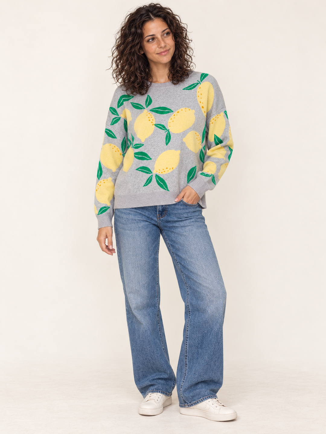 Gray lemon-print sweater full-body front view