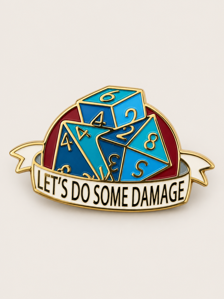 Let's Do Some Damage Dice Pin shown on a warm neutral background