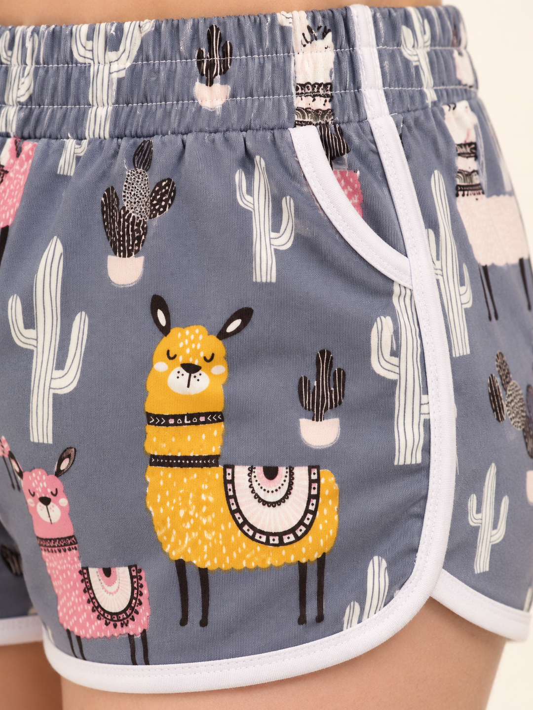 Llama Cactus Shorts fabric and print close-up