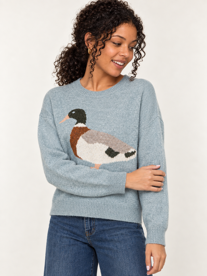 Mallard Duck Sweater Blue on model - angled view