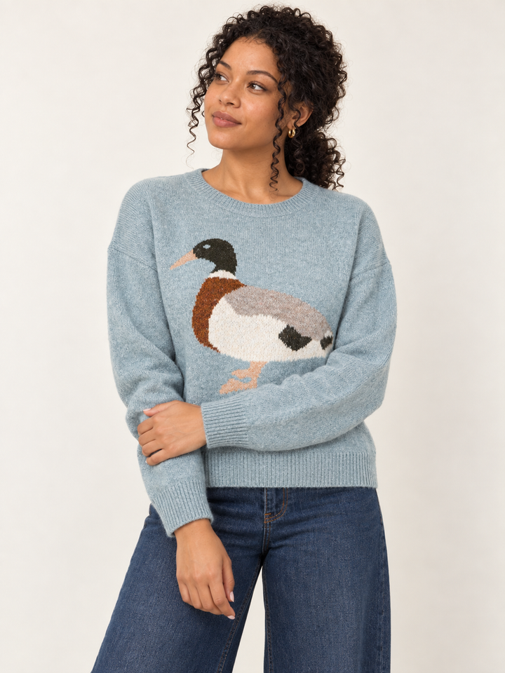 Mallard Duck Sweater Blue on model - front view