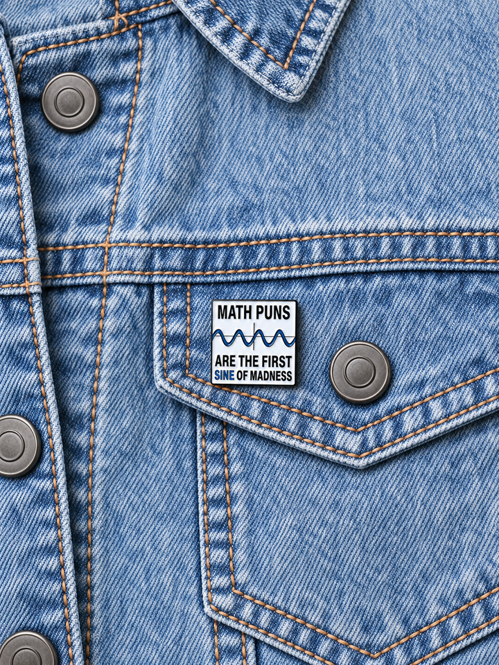Math Puns Sine of Madness Pin displayed on stonewash denim beside a metal button