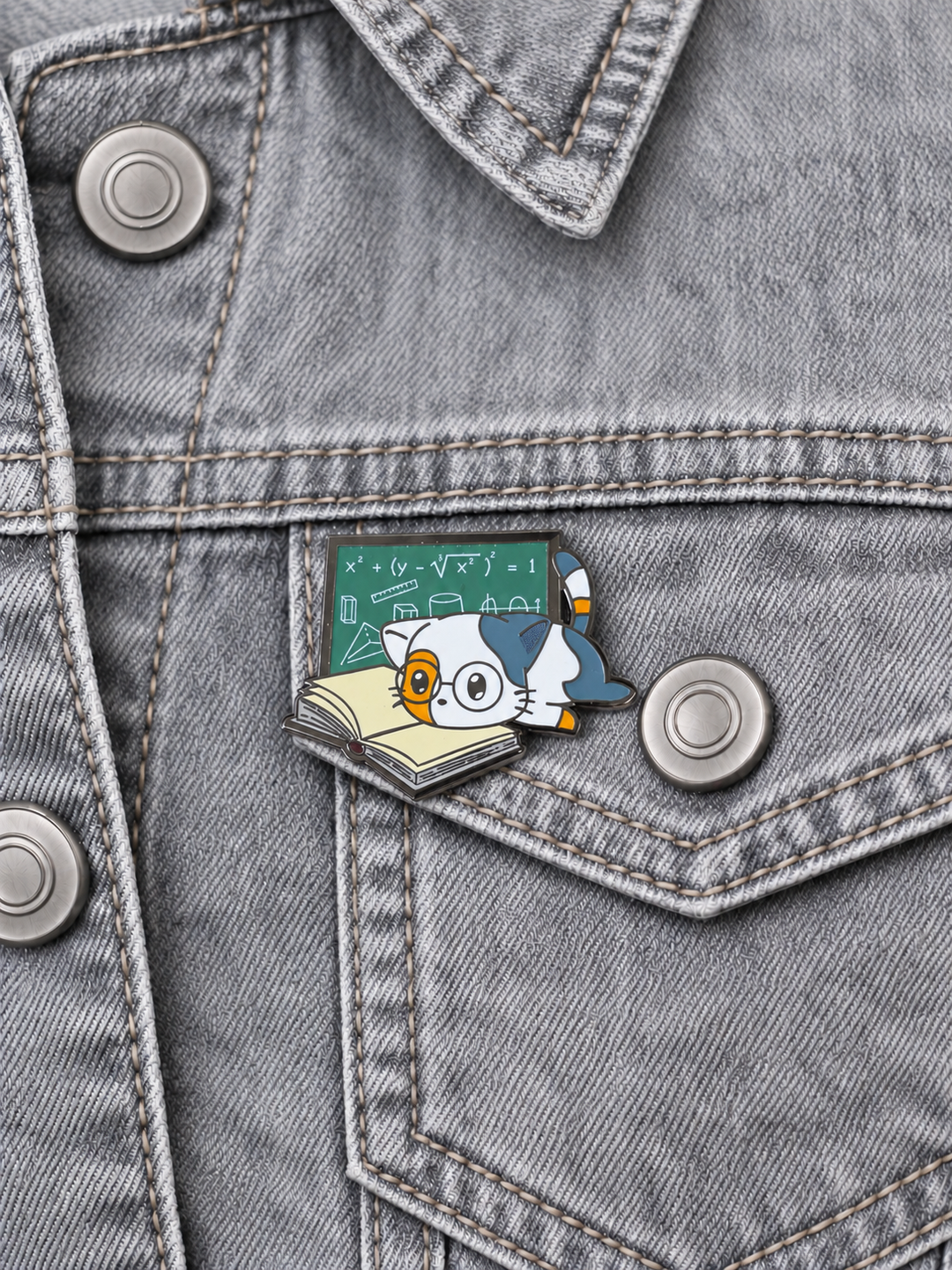 Math Study Cat Pin displayed on a pale gray denim jacket beside a metal button