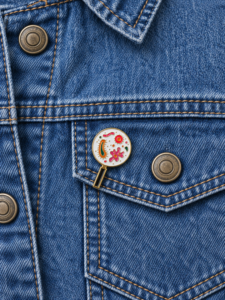 Microbiology Petri Dish Pin displayed on a stonewash denim jacket beside a metal button