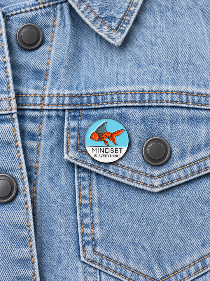 Mindset Is Everything Fish Pin displayed on a light-wash denim jacket beside a metal button