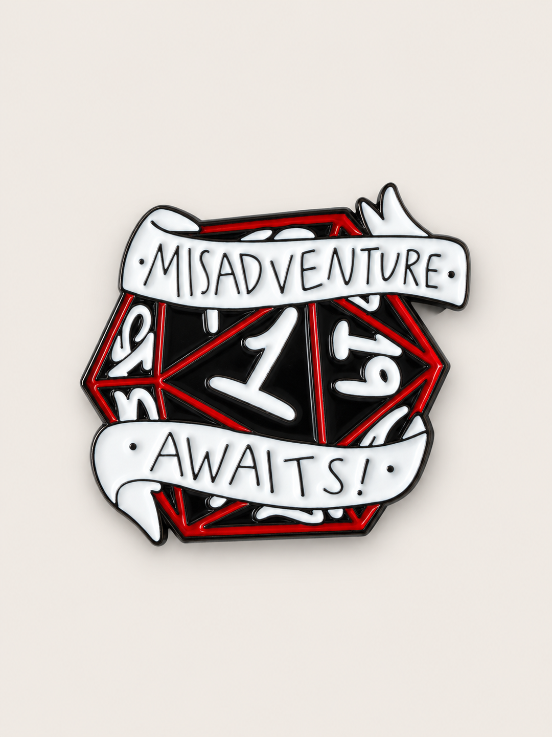 Misadventure Awaits D20 Pin shown on a warm neutral background