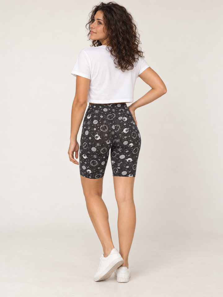 Model wearing Moon Biker Shorts, full-body back view