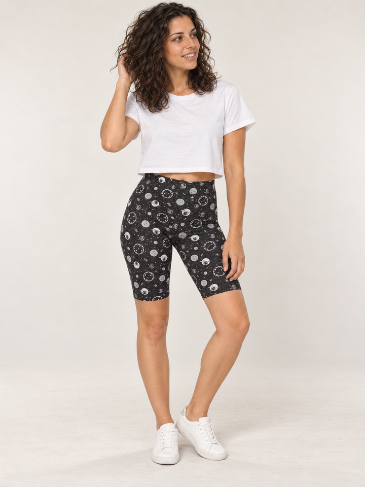 Model wearing Moon Biker Shorts, full-body front view