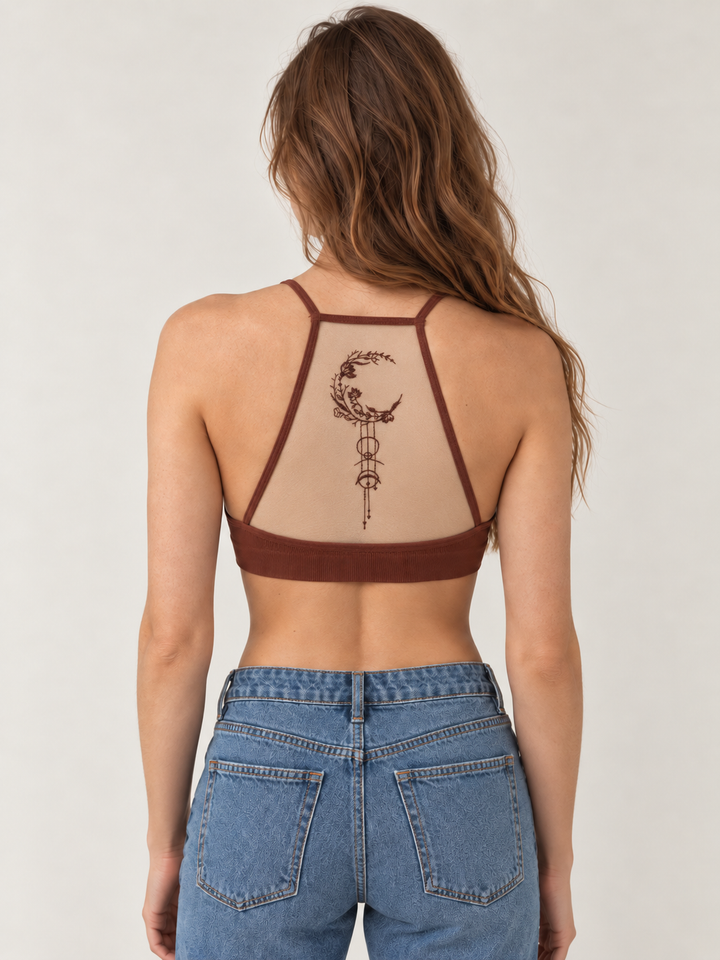 Moon Bralette Chocolate Brown mesh embroidered back view