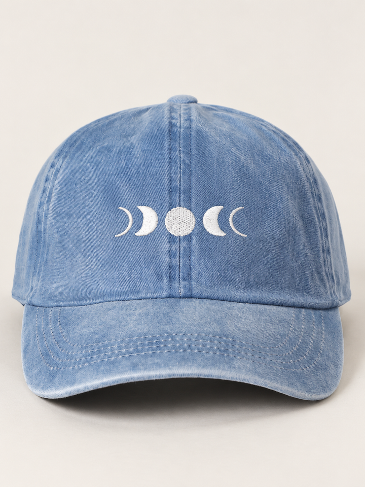 Blue denim Moon Phase Hat, straight-on front view