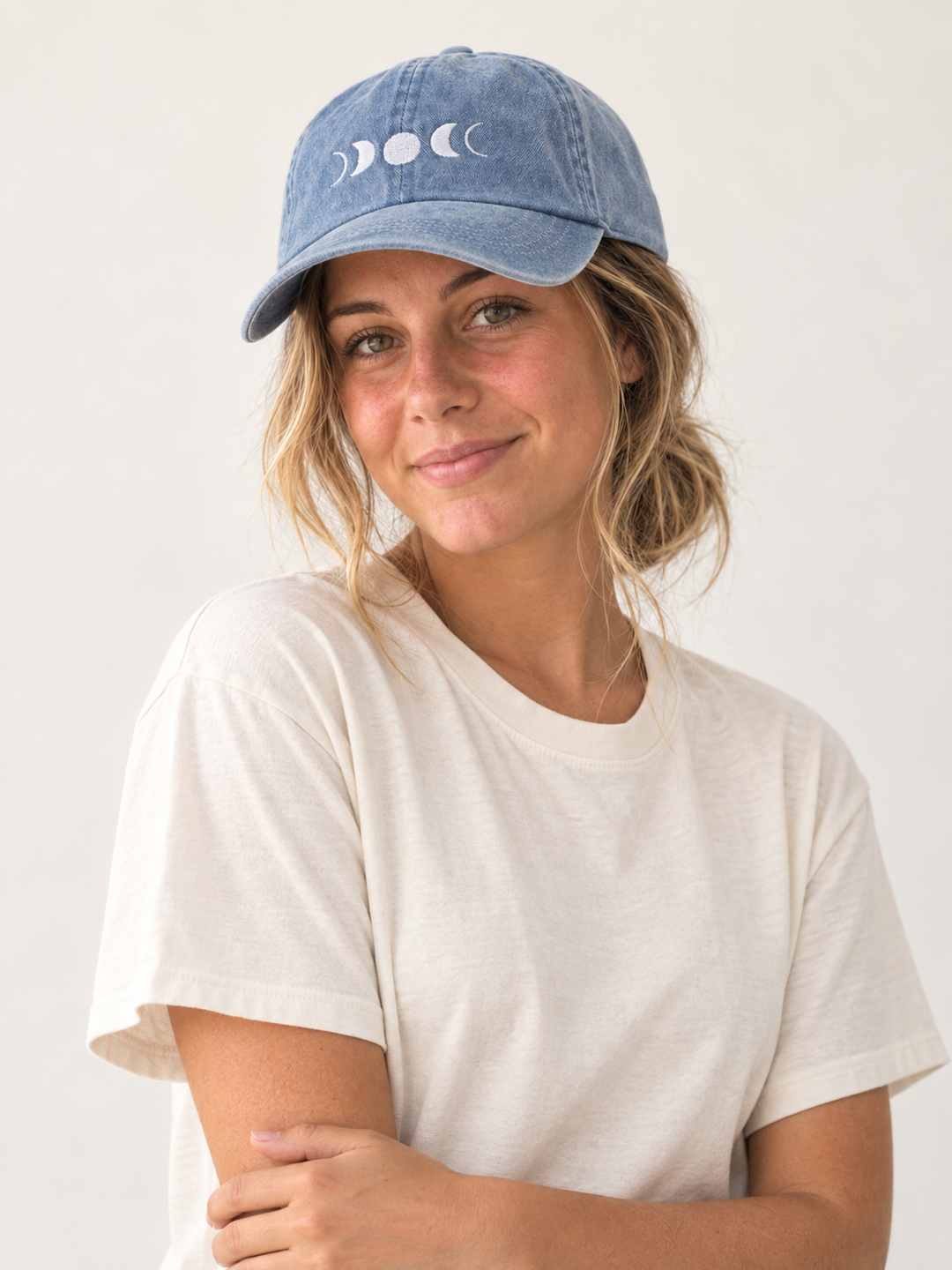 Model wearing the blue denim Moon Phase Hat