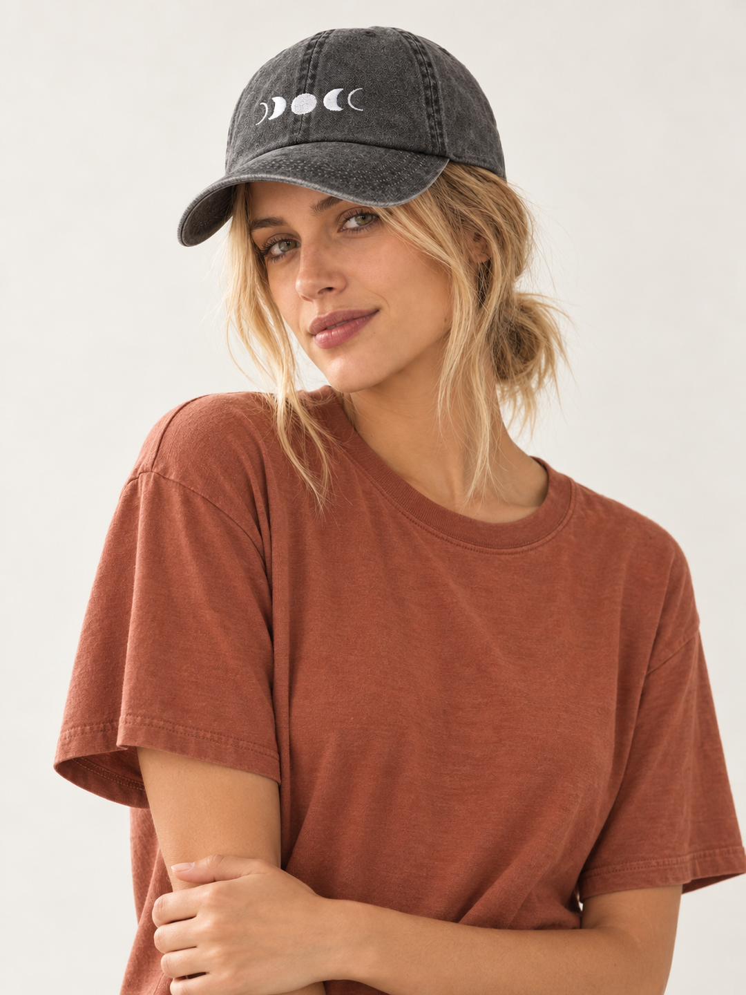 Model wearing the washed charcoal Moon Phase Hat