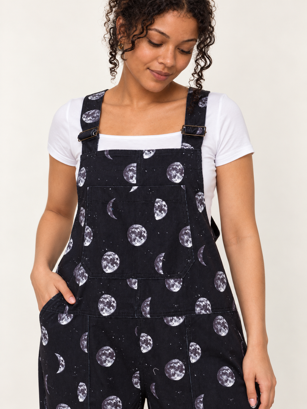 Moon Phase Overalls fabric and moon pattern detail