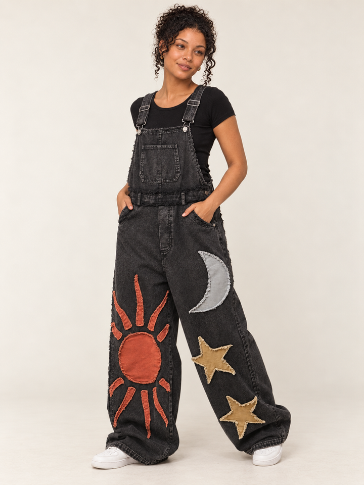 Moon and Star Patchwork Overalls three-quarter view on model