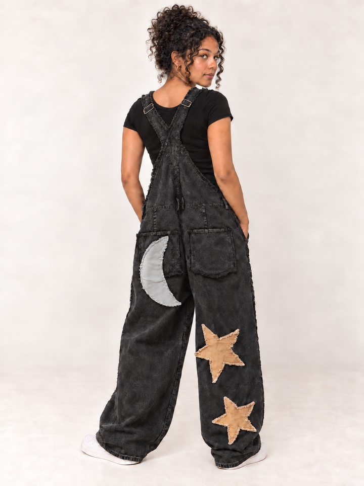 Moon and Star Patchwork Overalls back view on model