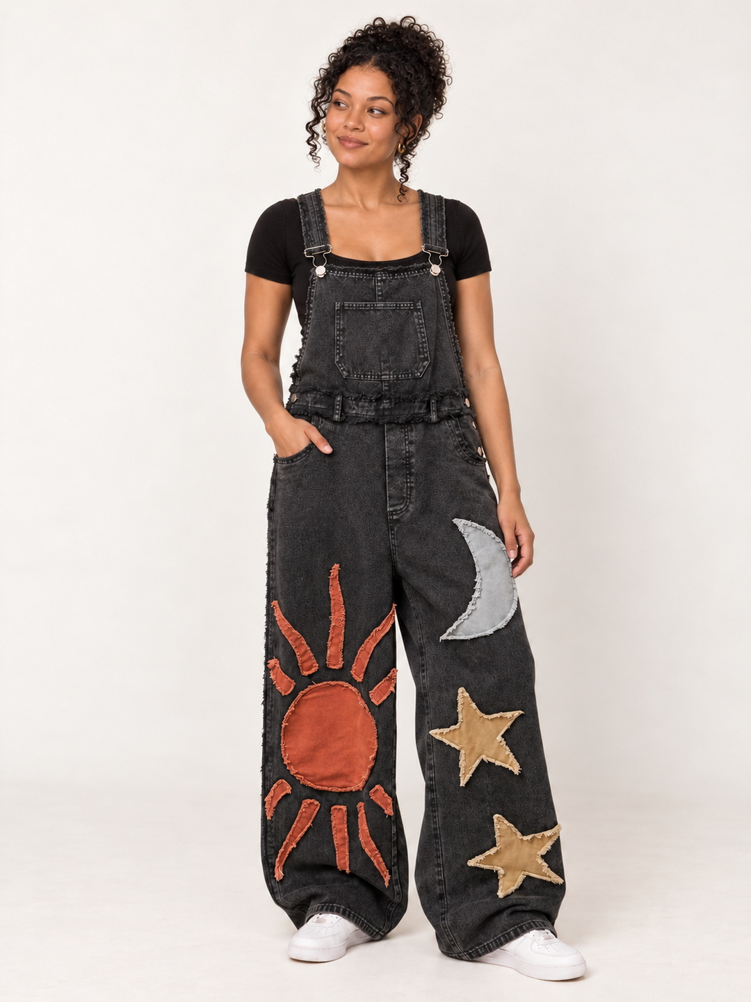 Moon and Star Patchwork Overalls front view on model