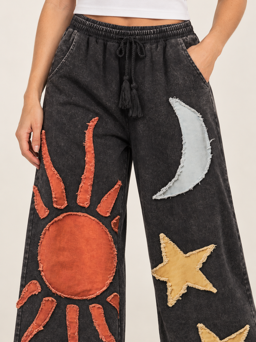 Moon and Star Patchwork Wide Leg Pants fabric and applique detail