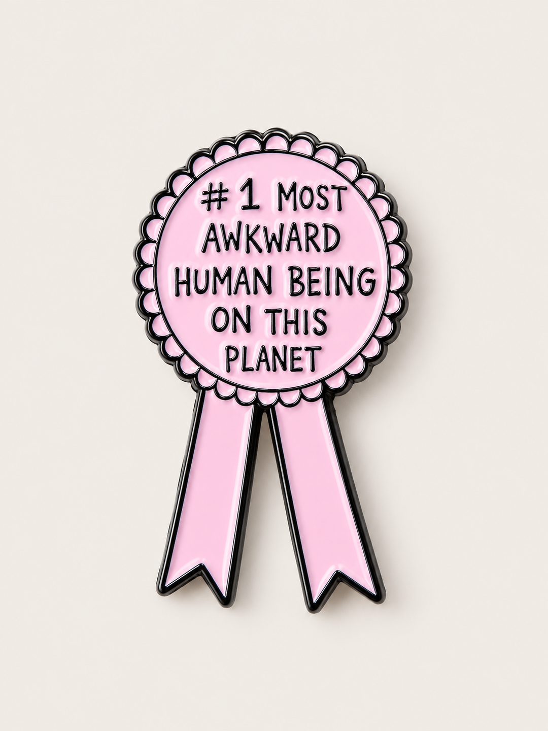 Most Awkward Human Being Award Ribbon Pin shown on a warm neutral background