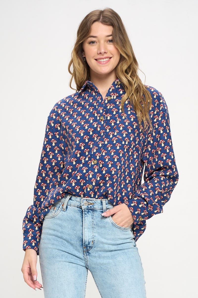 Mushroom Corduroy Button Up Blue