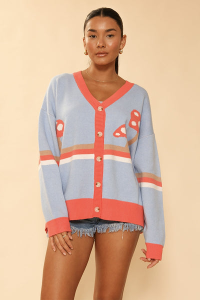 Mushroom Cardigan Red Stripe Blue