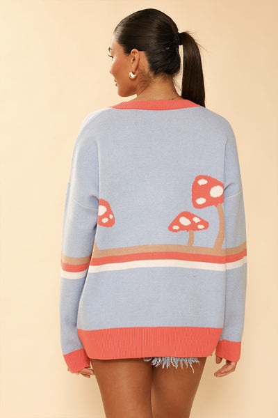 Mushroom Cardigan Red Stripe Blue