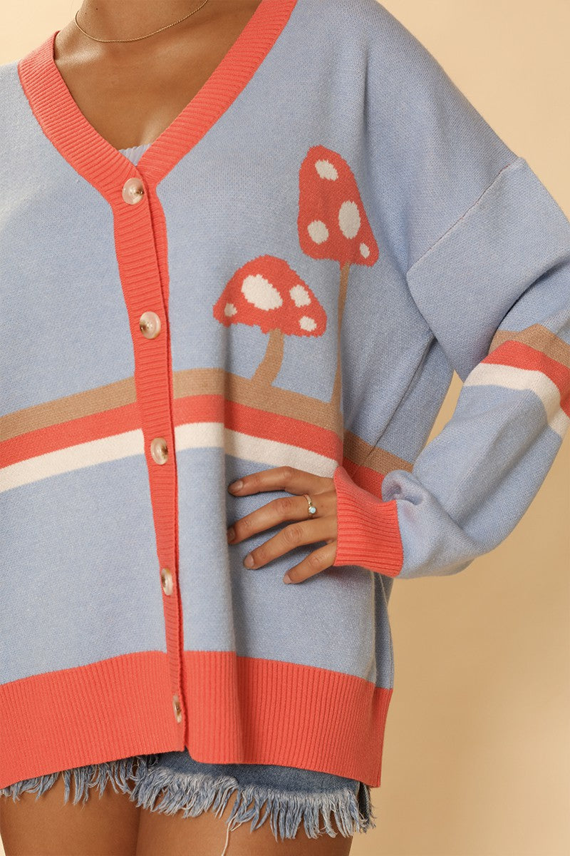 Mushroom Cardigan Red Stripe Blue